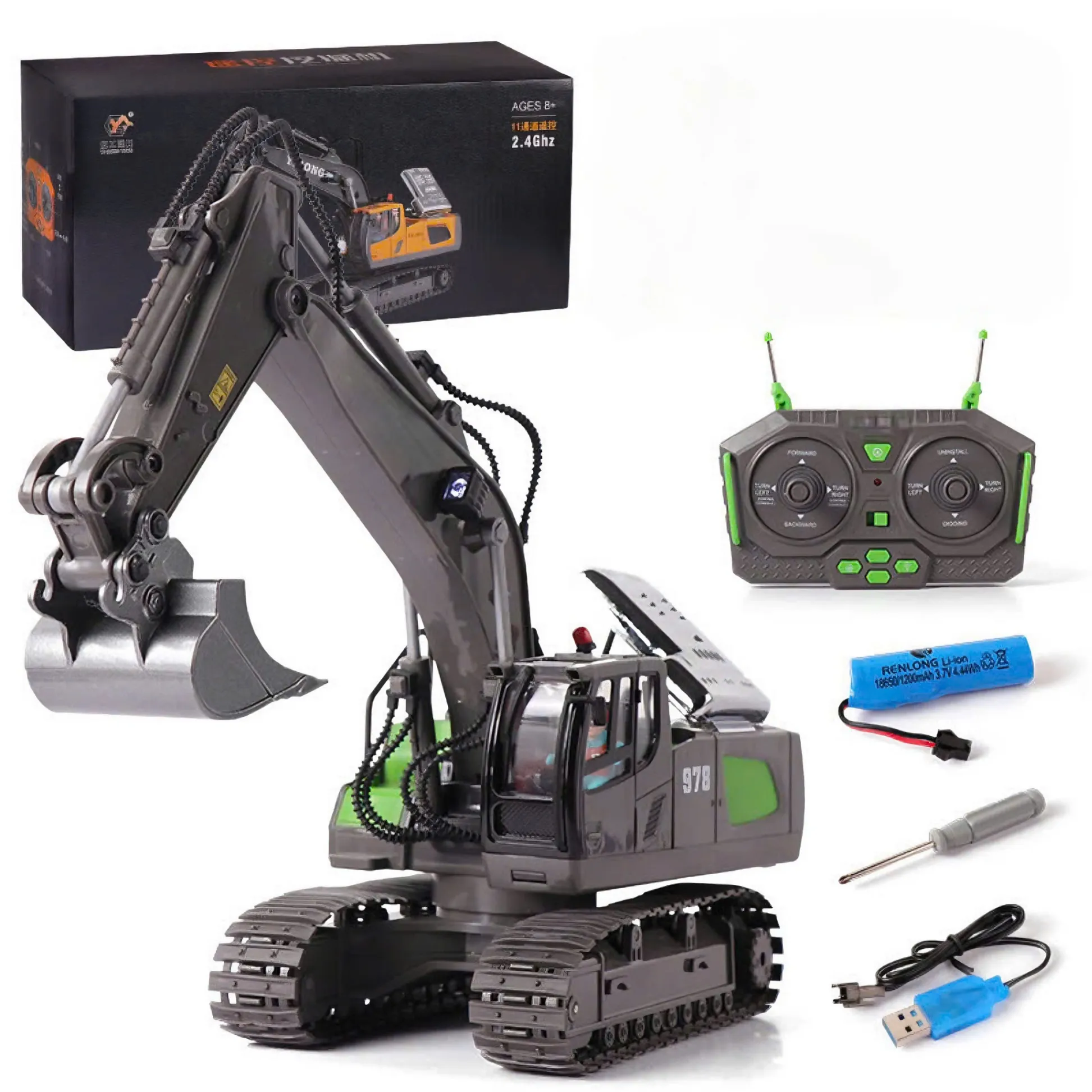 Máy xúc YIGONG 11 kênh điều khiển, pin sạc - XANH