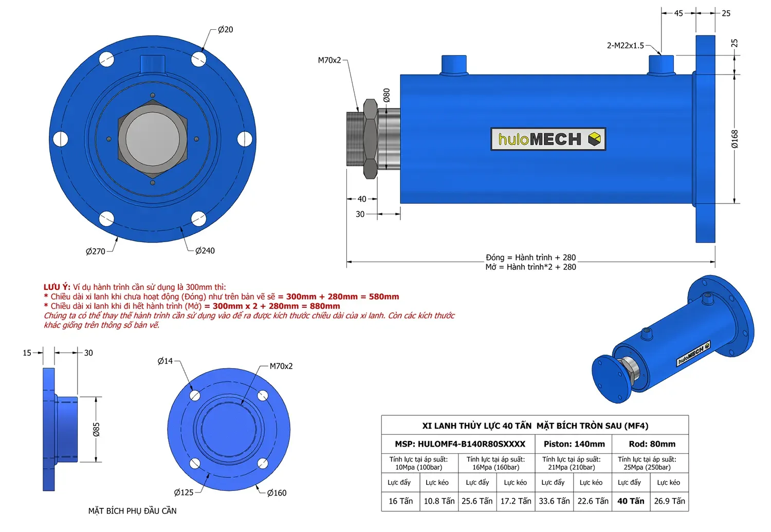 Bản vẽ chi tiết xi lanh thủy lực 40 tấn kiểu MF4 mặt bích sau