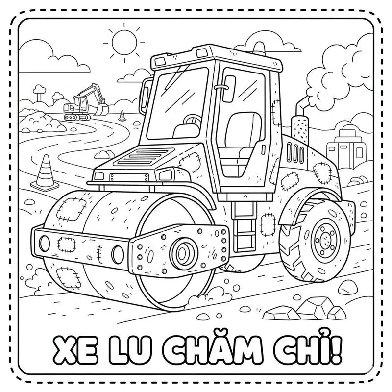 Tranh tô màu xe lu phong cách dễ thương với đôi mắt to tròn