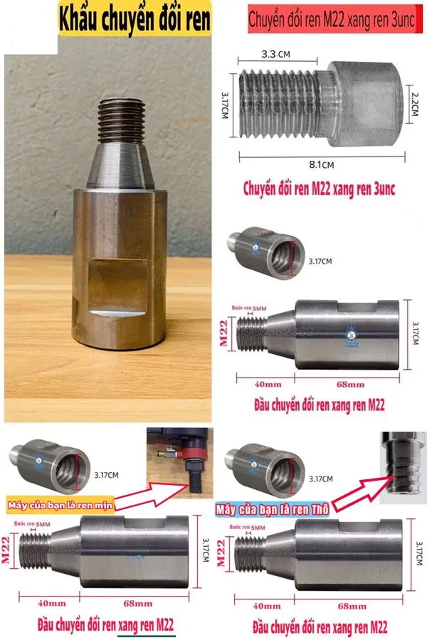 Đầu chuyển đổi ren máy khoan rút lõi Hàn Quốc - Trung Quốc