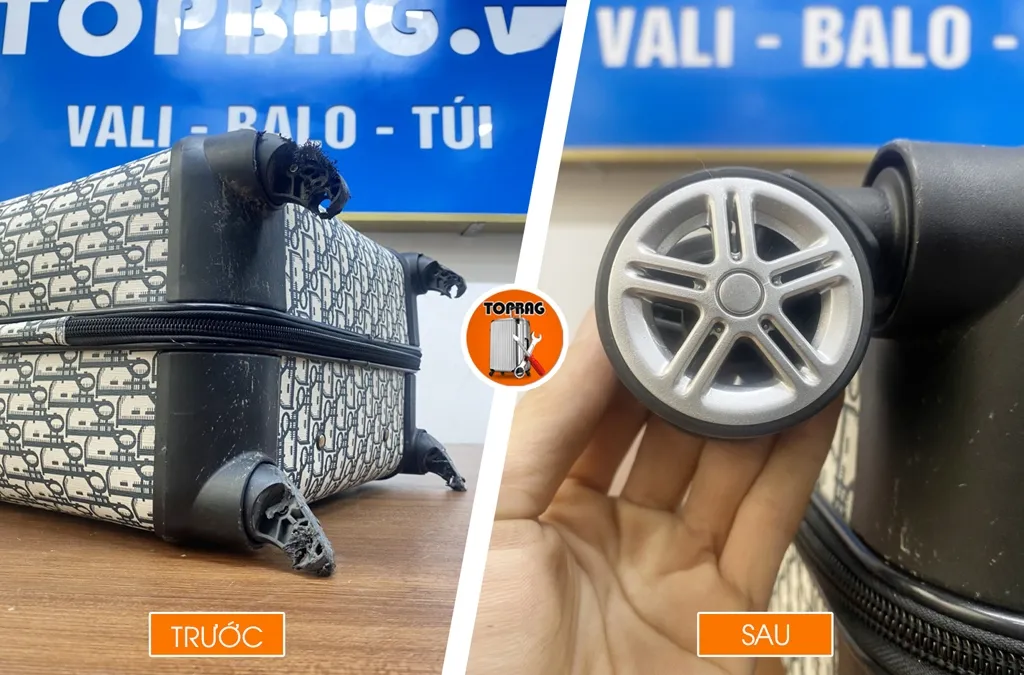 Thay thế cụm bánh xe kép mới cho vali nhựa bị vỡ nát do va đập mạnh