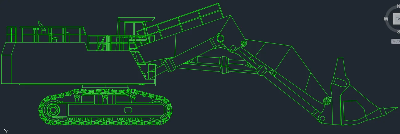 Mô phỏng biên dạng máy đào gàu thuận SANY chuẩn kích thước 1:1 trong môi trường AutoCAD chuyên nghiệp.