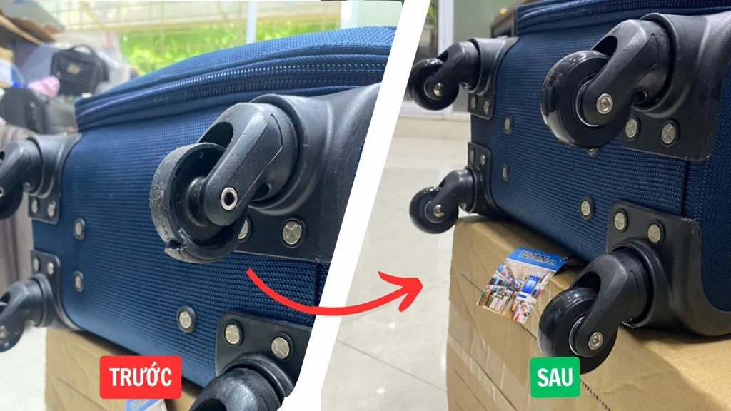 Bánh xe đơn bị bong tróc lớp cao su được thay thế hoàn toàn tại TOPBAG CARE