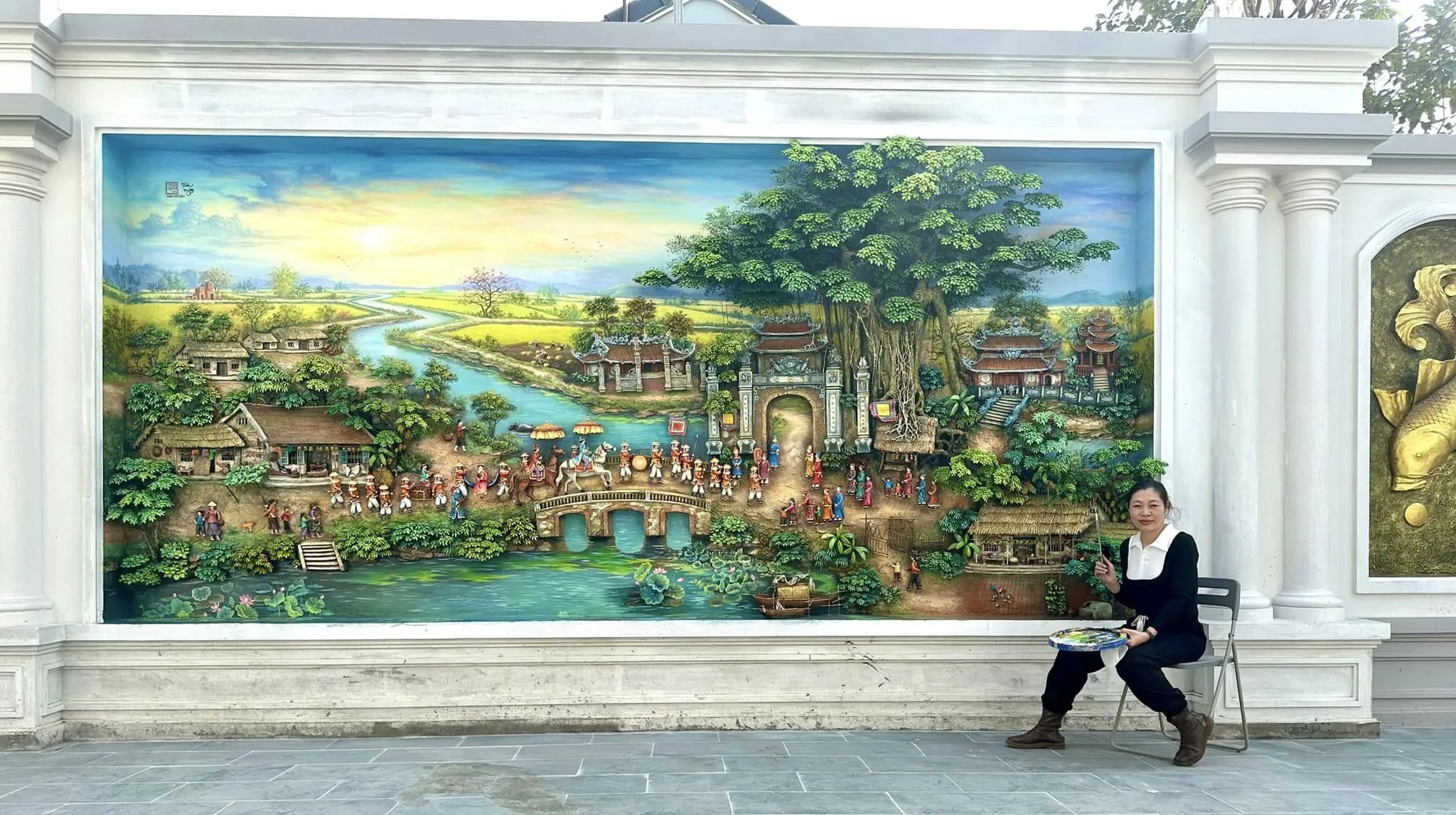 Mẫu tranh đắp nổi phong cảnh đồng quê thanh bình