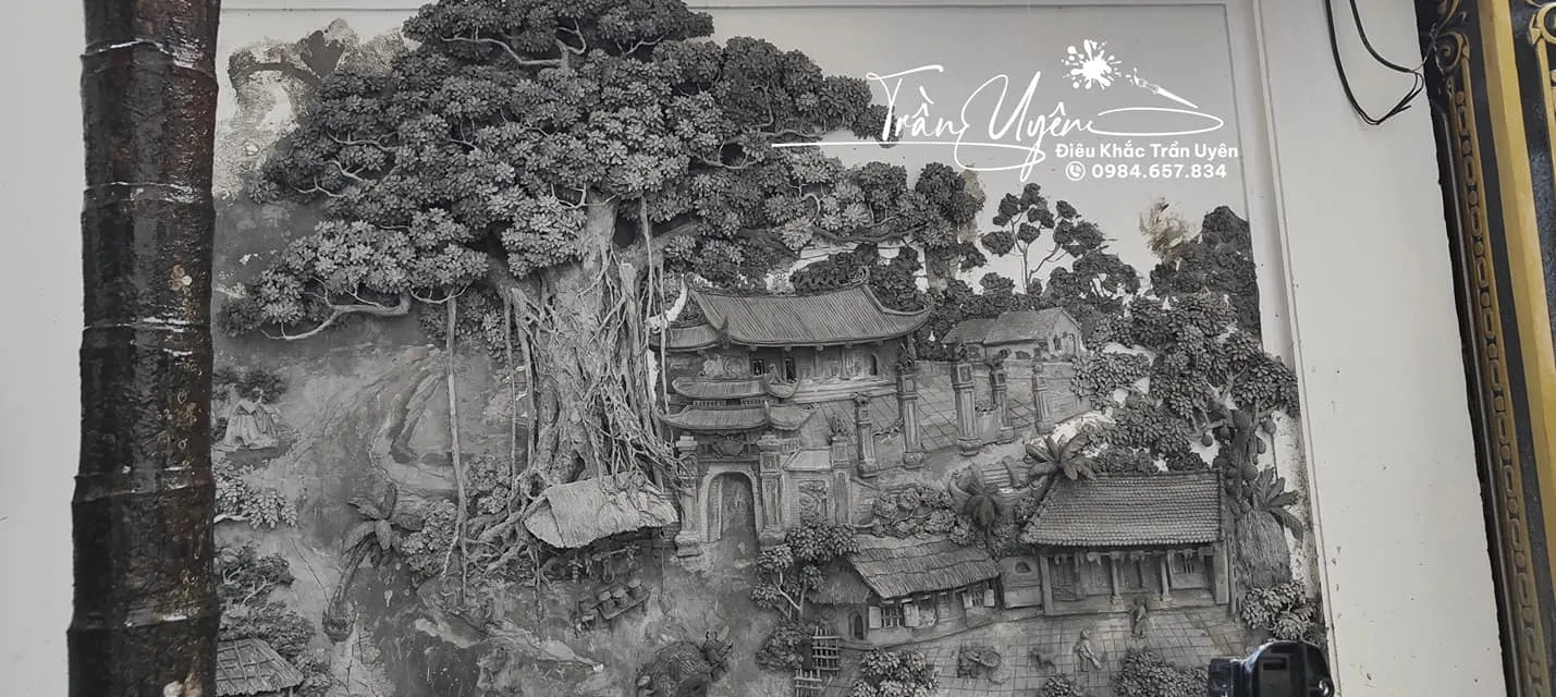 Tranh phong cảnh làng quê đắp nổi bằng hồ vữa