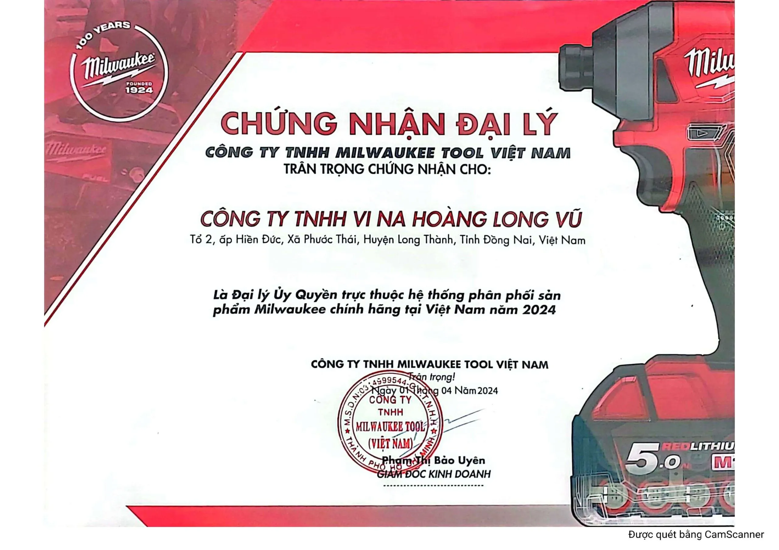 Chứng nhận đại lý phân phối Milwaukee Hoàng Long Vũ