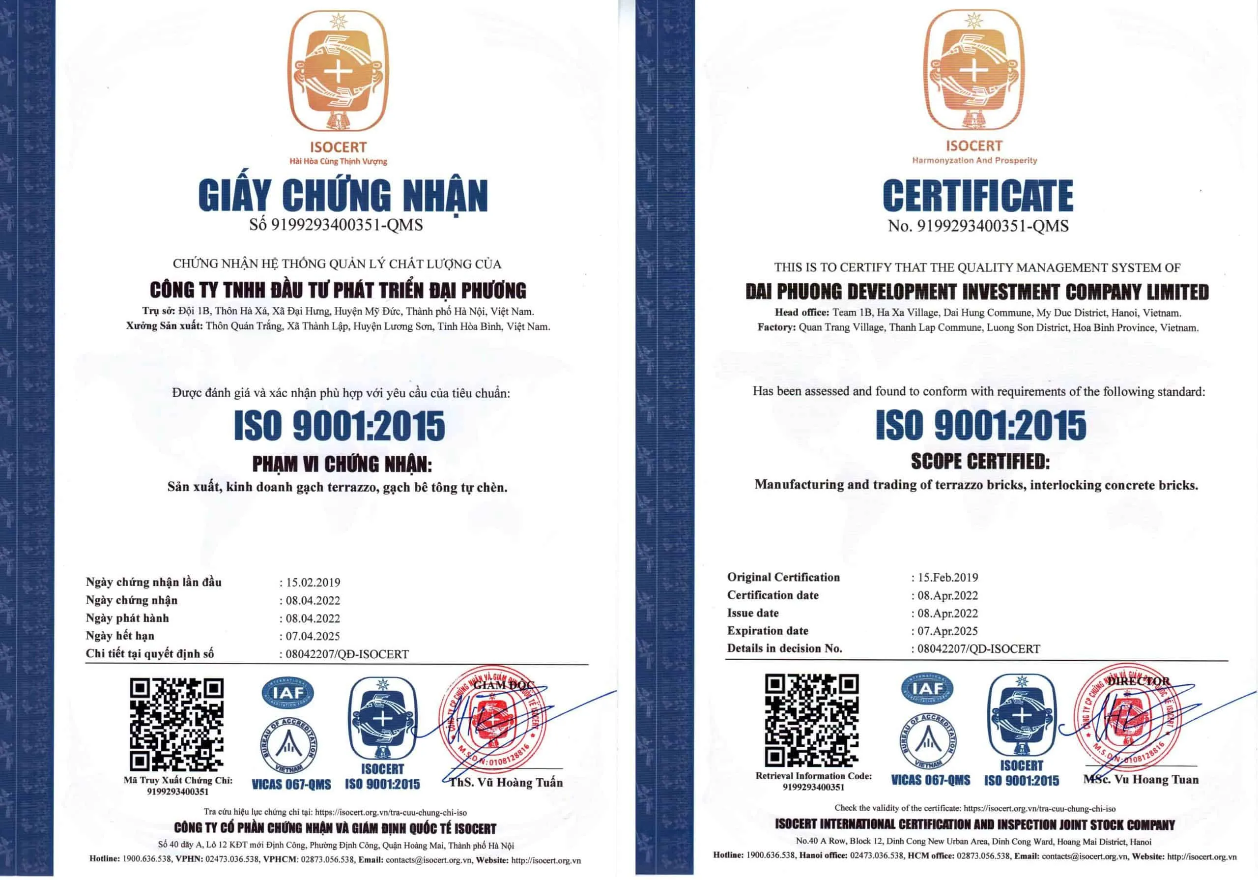 Chứng nhận ISO 9001:2015 của Đại Phương