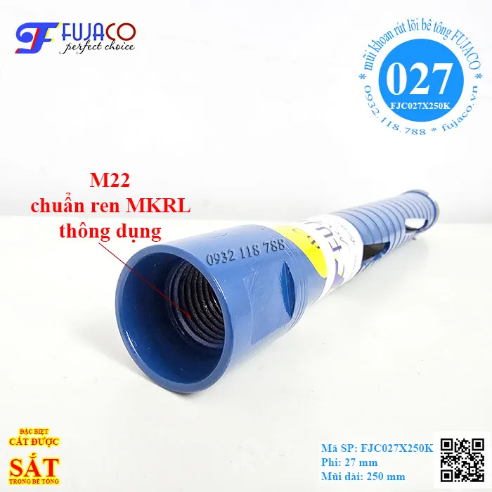 Mũi khoan rút lõi bê tông 27 x 250 ren M22 chuyên dụng