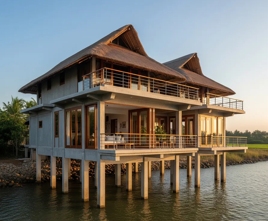 Nhà sàn bê tông 2 tầng kiến trúc độc đáo, hài hoà với thiên nhiên