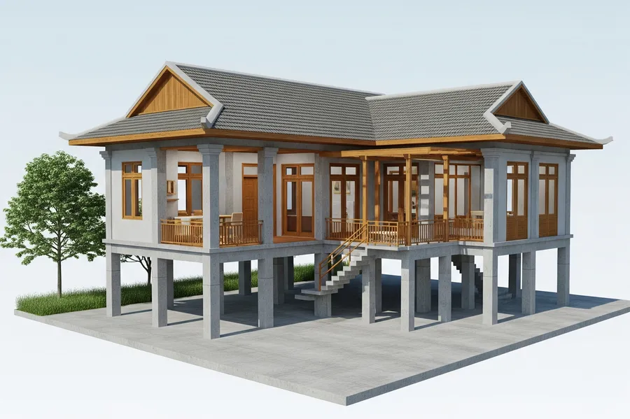 Nhà sàn bê tông 500 triệu sang trọng, kết hợp truyền thống và hiện đại