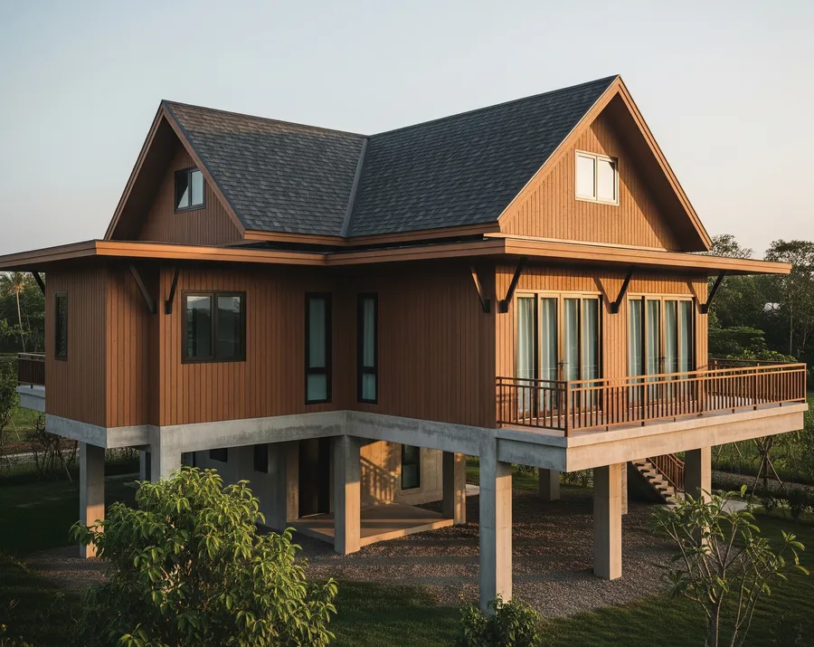 Nhà sàn bê tông giả gỗ đẹp, ấm cúng, sang trọng