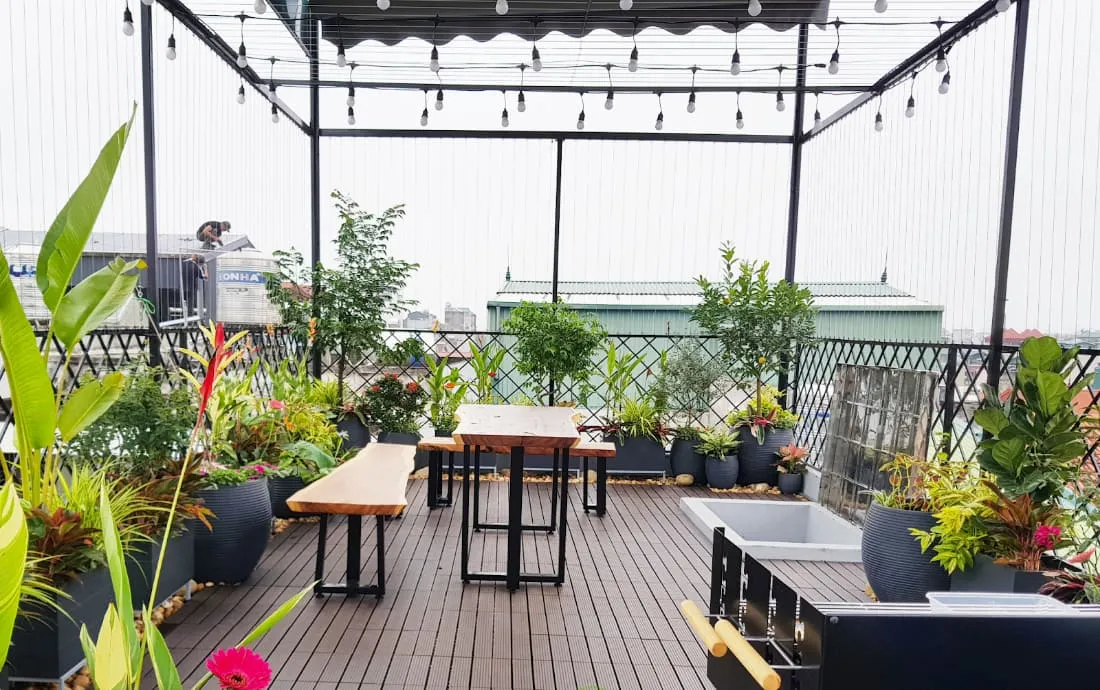 Tận dụng mái bằng bê tông làm không gian xanh thư giãn