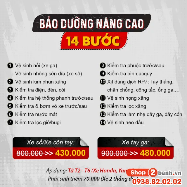 Gói bảo dưỡng xe máy nâng cao 14 bước tại workshop chuyên nghiệp 2026