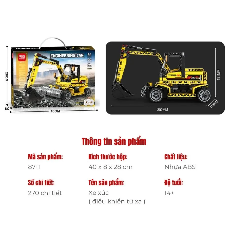 Máy xúc điều khiển từ xa MINGDI 8711 mô phỏng cơ chế vận hành thực tế trên công trường