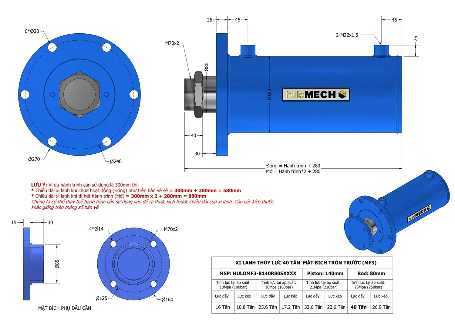 Bản vẽ kỹ thuật xi lanh thủy lực 40 tấn kiểu MF3