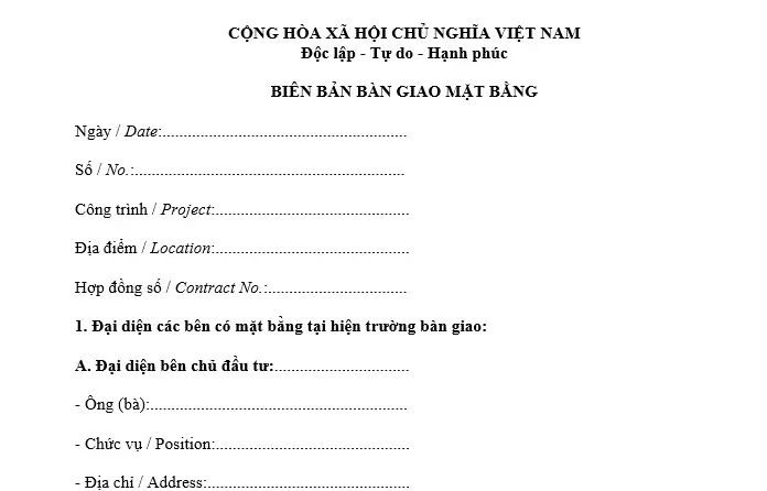Mẫu biên bản bàn giao mặt bằng thi công xây dựng chuẩn pháp lý 2026