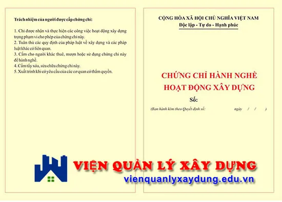 Mẫu chứng chỉ hành nghề chỉ huy trưởng tại Viện Quản Lý Xây Dựng