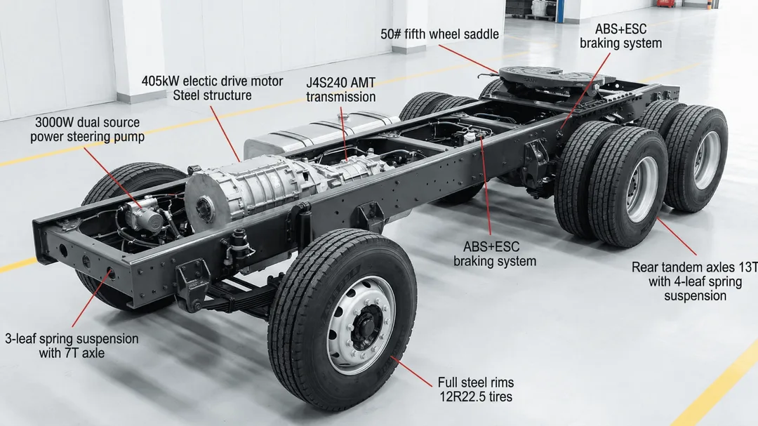 Hệ thống khung gầm và cầu sau xe đầu kéo điện Sany chịu tải nặng