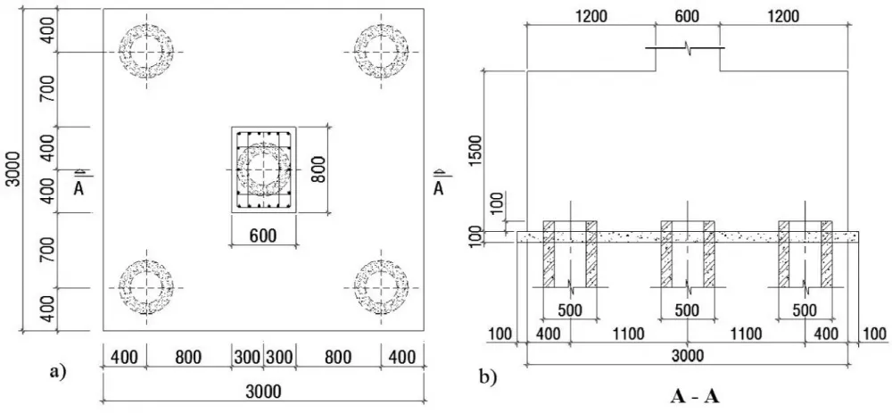 Bản vẽ mặt bằng và mặt cắt đài móng cọc M1 dự án thực tế
