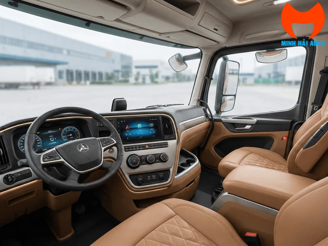 Khoang nội thất xe đầu kéo điện Sany với ghế hơi và không gian lái rộng