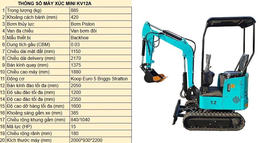 Thông số kỹ thuật của máy xúc đào mini KV12A