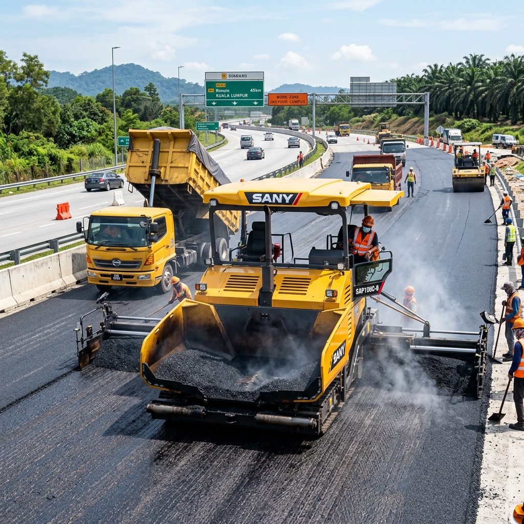 Máy trải nhựa Sany SAP90C-8 rải nhựa trên cao tốc